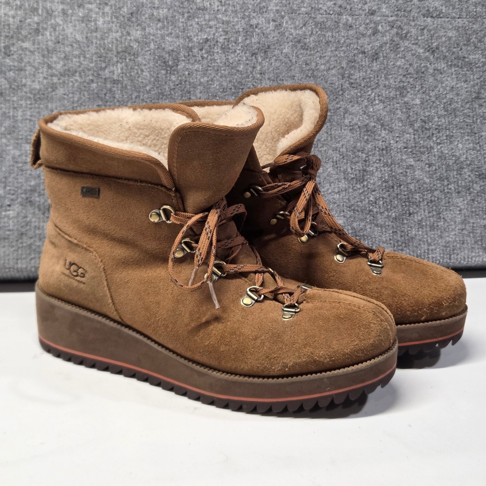 UGG Birch Womens 9.5 Chestnut Suede Waterproof Shearling Lace Up Wedge Boots